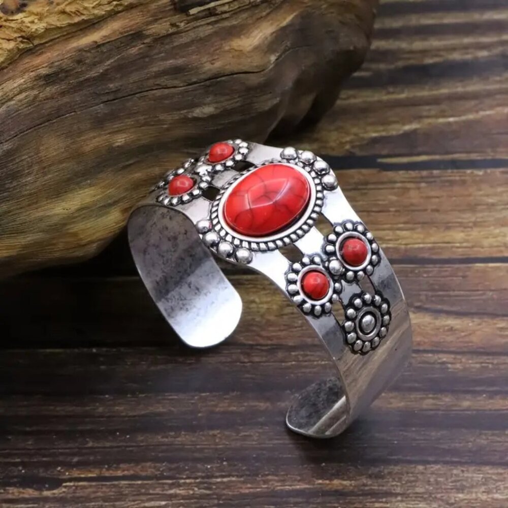 Boho Silver Tone Red Stone Cuff Bracelet Southwestern Style Statement Jewelry